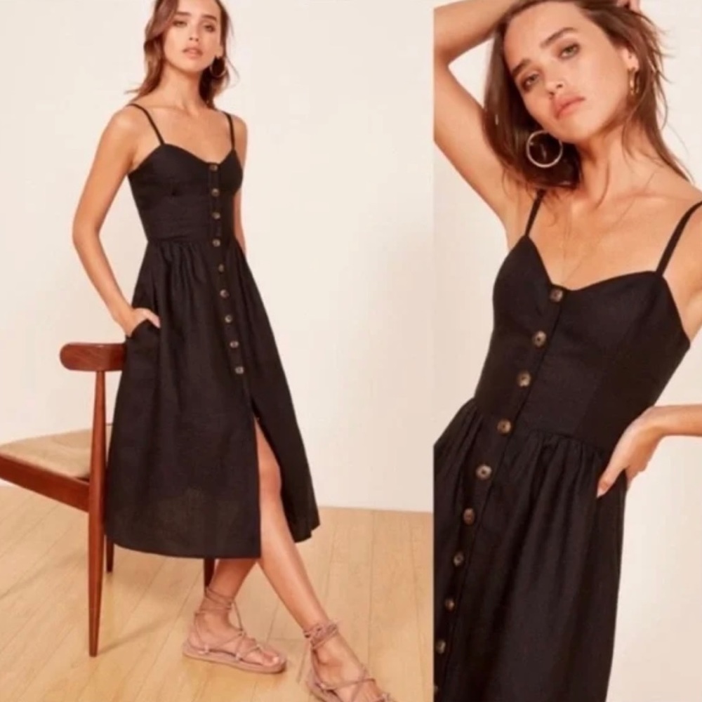 Reformation Thelma Linen Midi Black Dress 6P